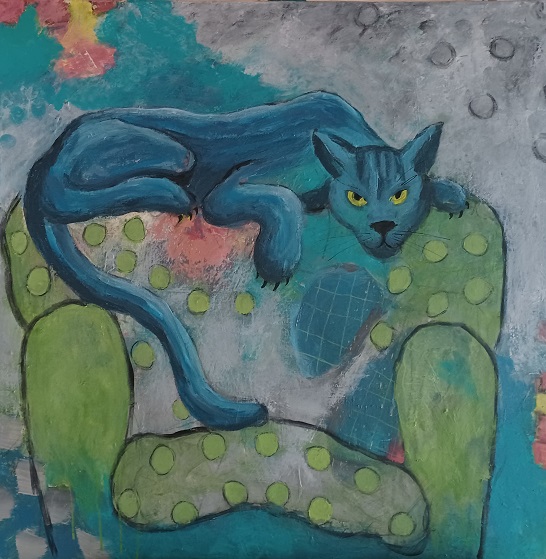 Kat på prikket sofa 80x80cm